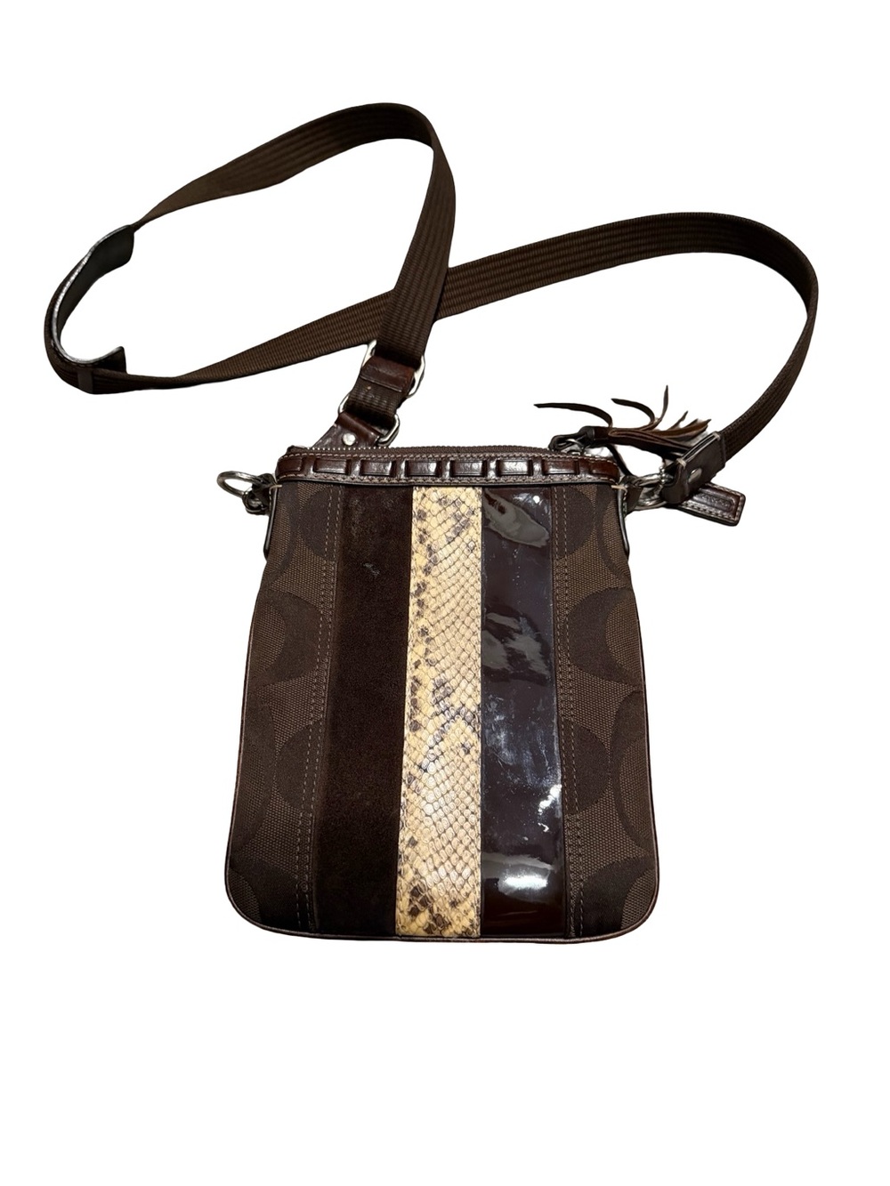 Coach Brown Crossbody with Snake-Print Center Stripe